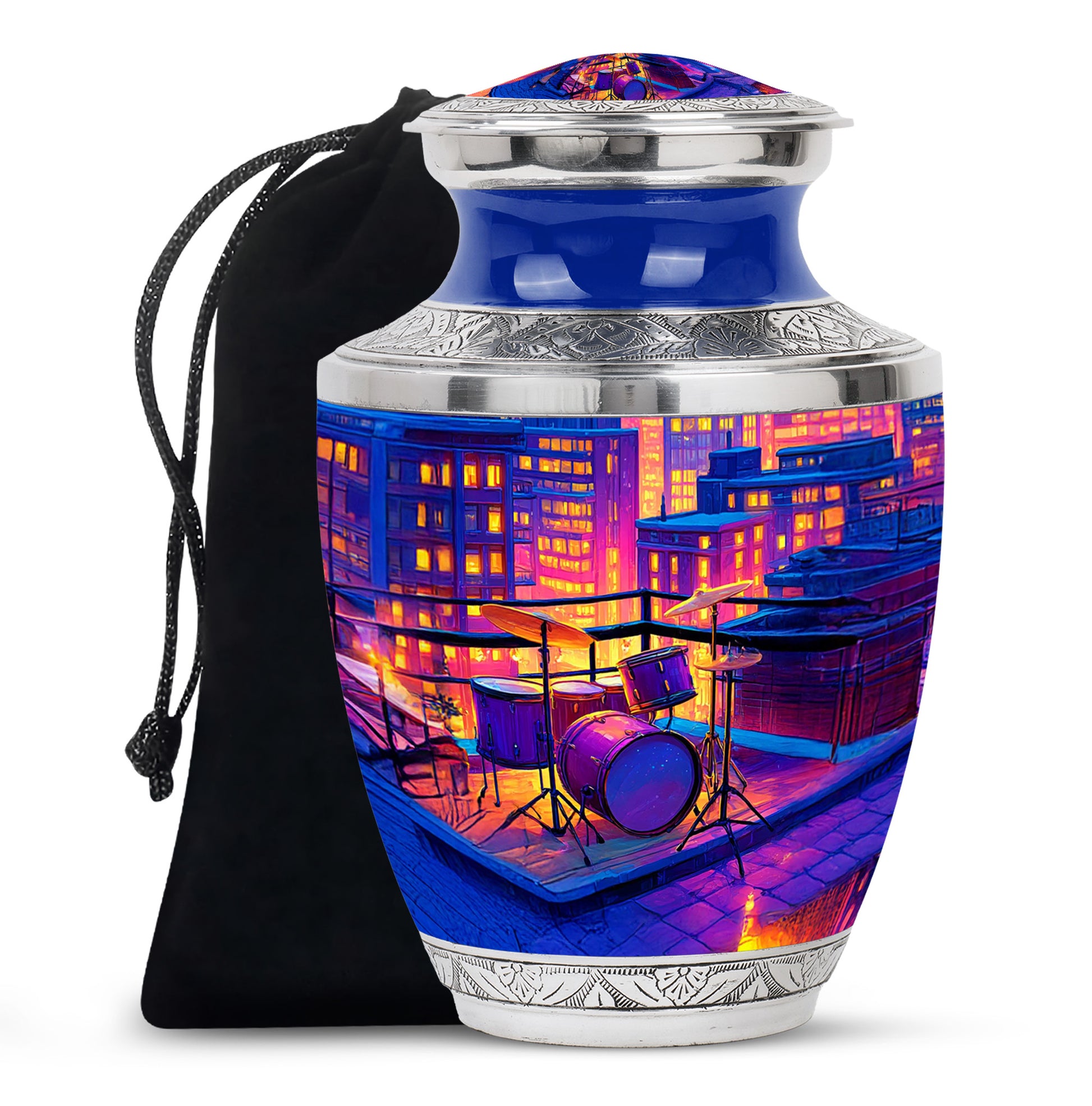 Plum Purple Drums Cremation Urn side profile showing urn shape - contemporary drums design with modern artistic flair - full-size 10 inch 200 cubic inch adult cremation urn