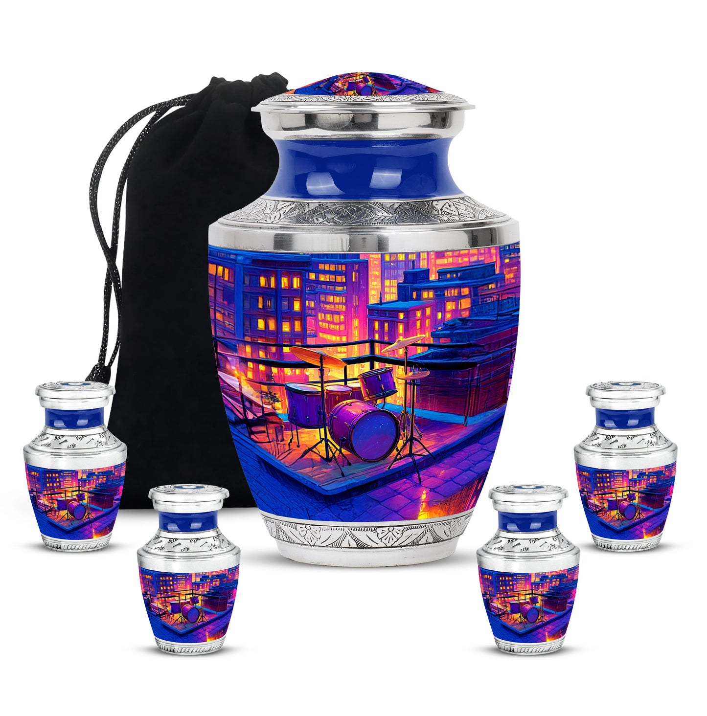 Orchid Purple Drums Cremation Urn lifestyle display on memorial shelf - contemporary drums design with modern artistic flair - memorial set with one large and four small urns