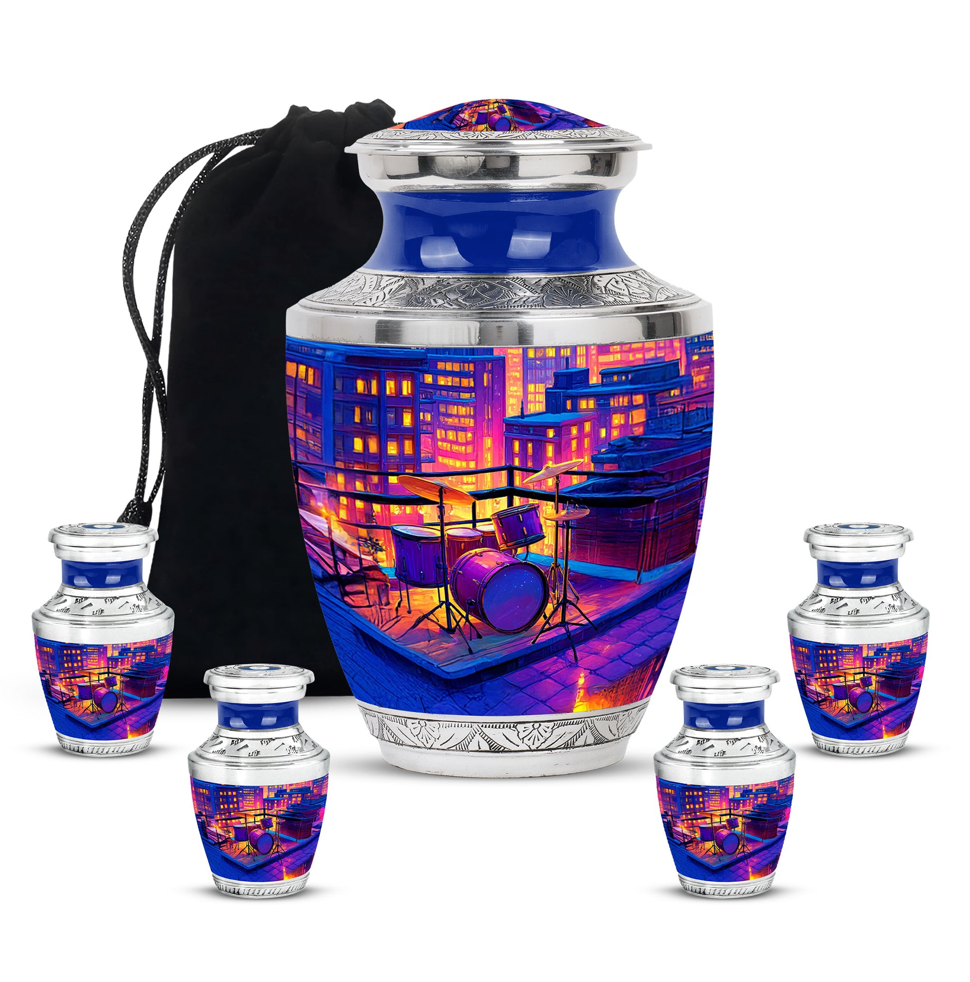 Orchid Purple Drums Cremation Urn lifestyle display on memorial shelf - contemporary drums design with modern artistic flair - memorial set with one large and four small urns