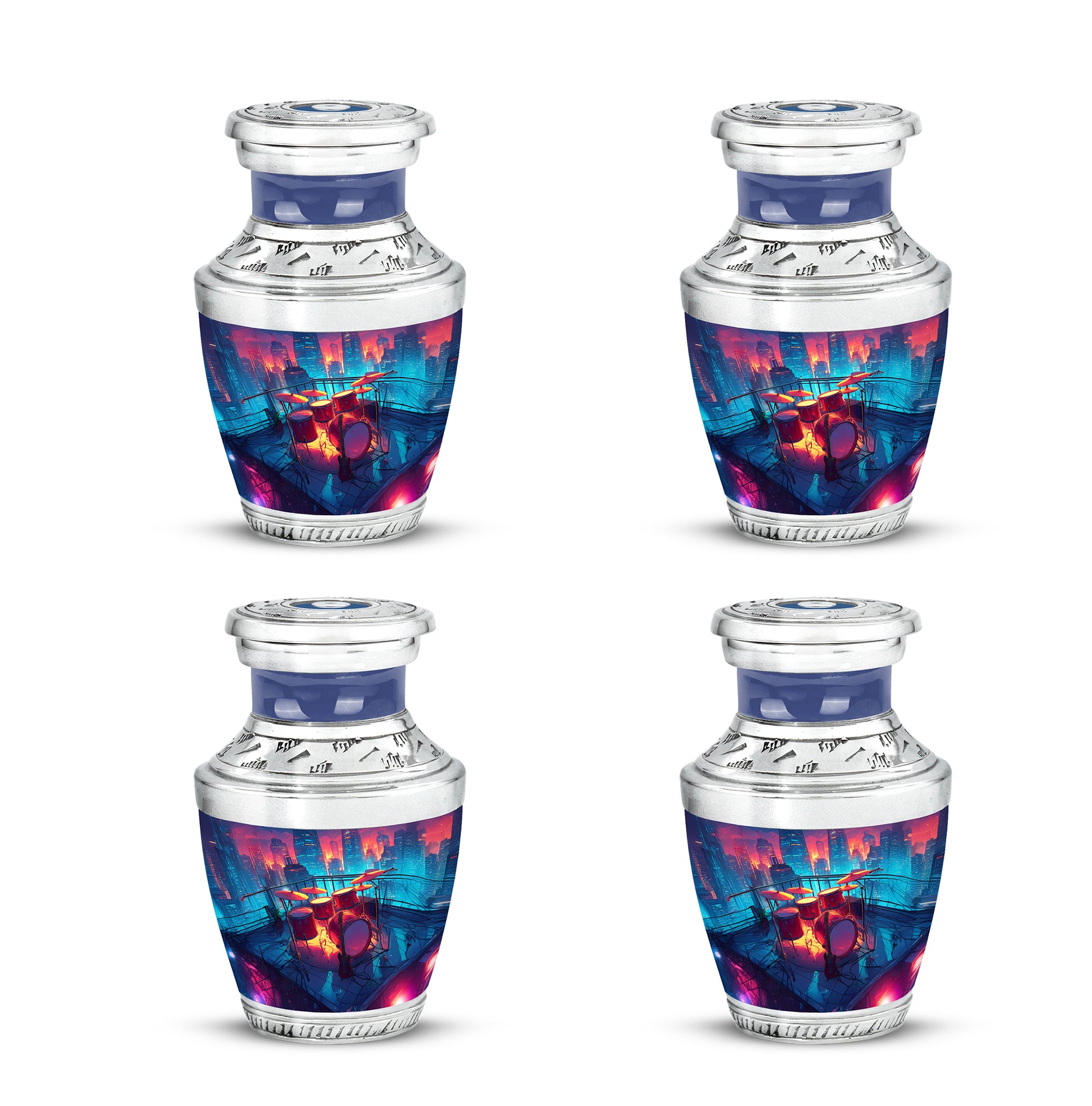 Bright Blue Drums Cremation Urn back view with polished surface - artistic drums interpretation with creative detail - 10 inch aluminum urn for cremated remains