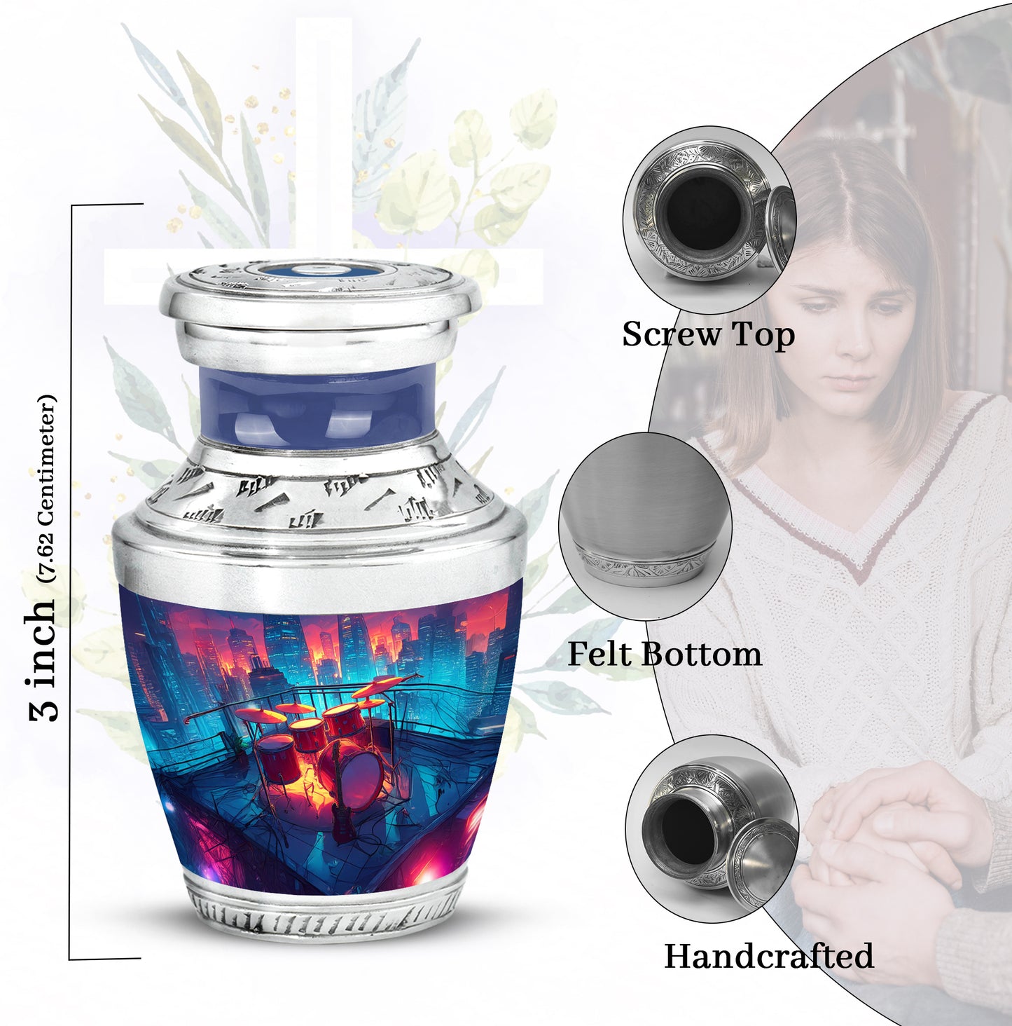 Serene Blue Drums Cremation Urn top-down view of secure threaded lid - stylized abstract drums pattern with bold lines - mini keepsake memorial for portion of cremation ashes