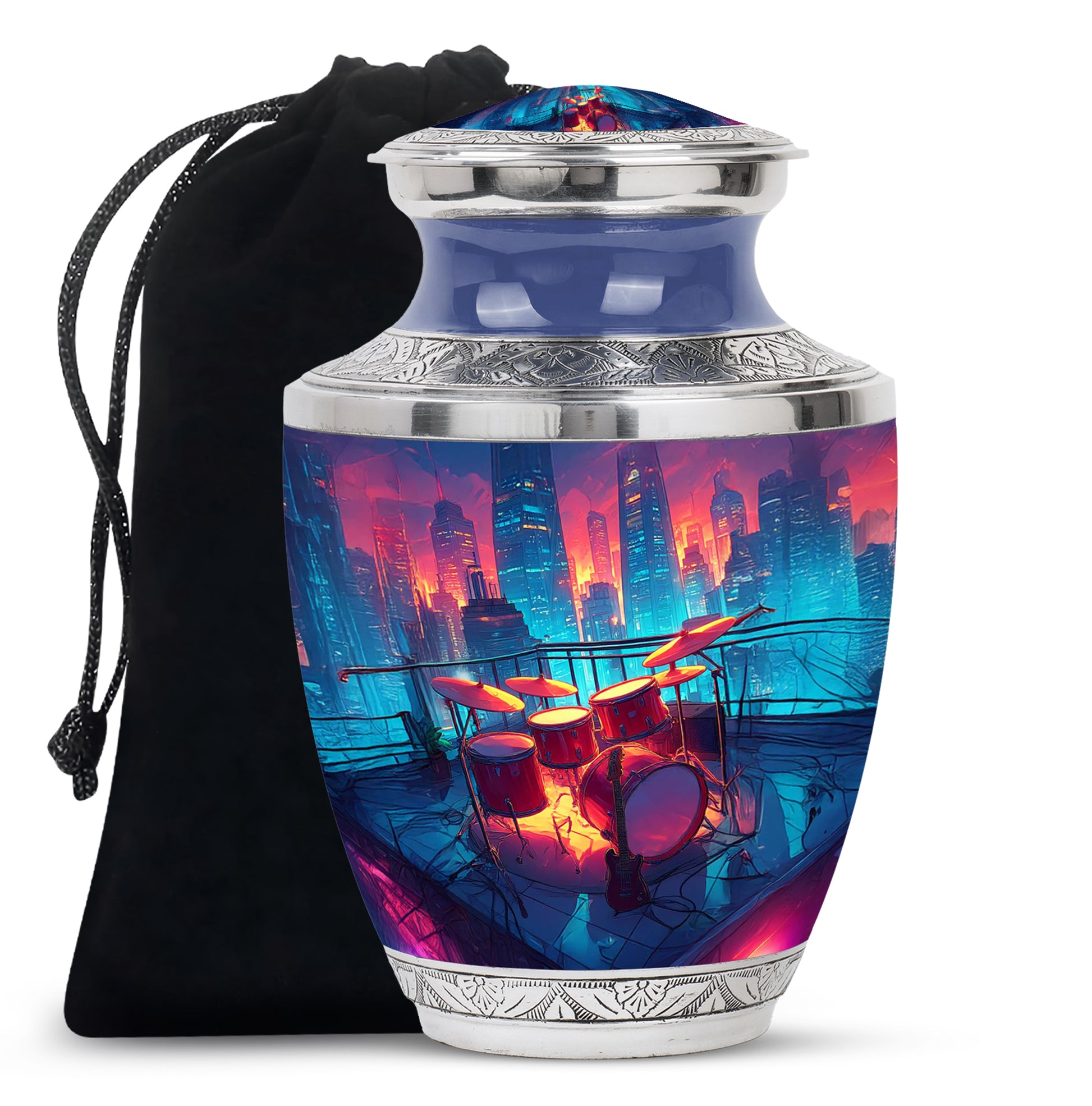 Twilight Blue Drums Cremation Urn side profile showing urn shape - artistic drums interpretation with creative detail - full-size 10 inch 200 cubic inch adult cremation urn