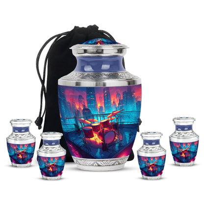 Dusty Blue Drums Cremation Urn lifestyle display on memorial shelf - modern art-inspired drums motif on sleek aluminum - memorial set with one large and four small urns