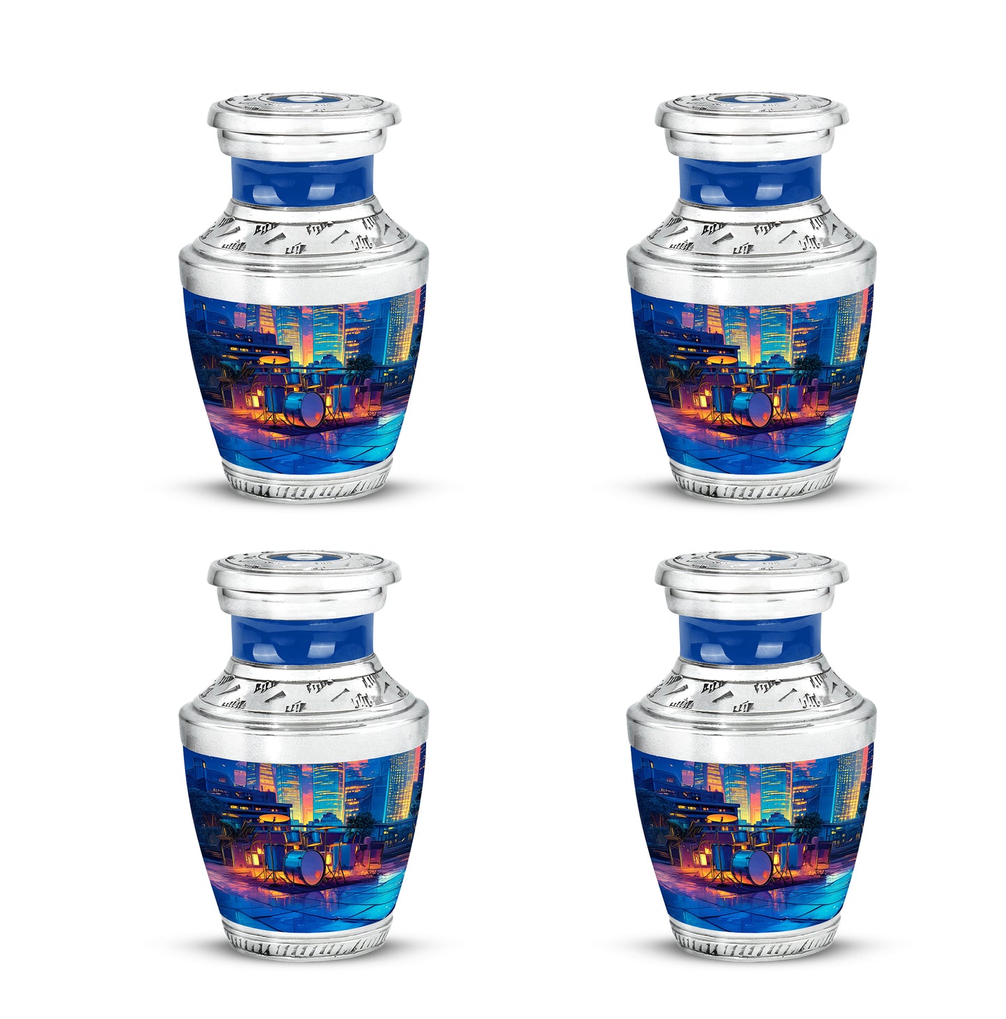 Sky Blue Drums Cremation Urn back view with polished surface - contemporary drums design with modern artistic flair - 10 inch aluminum urn for cremated remains