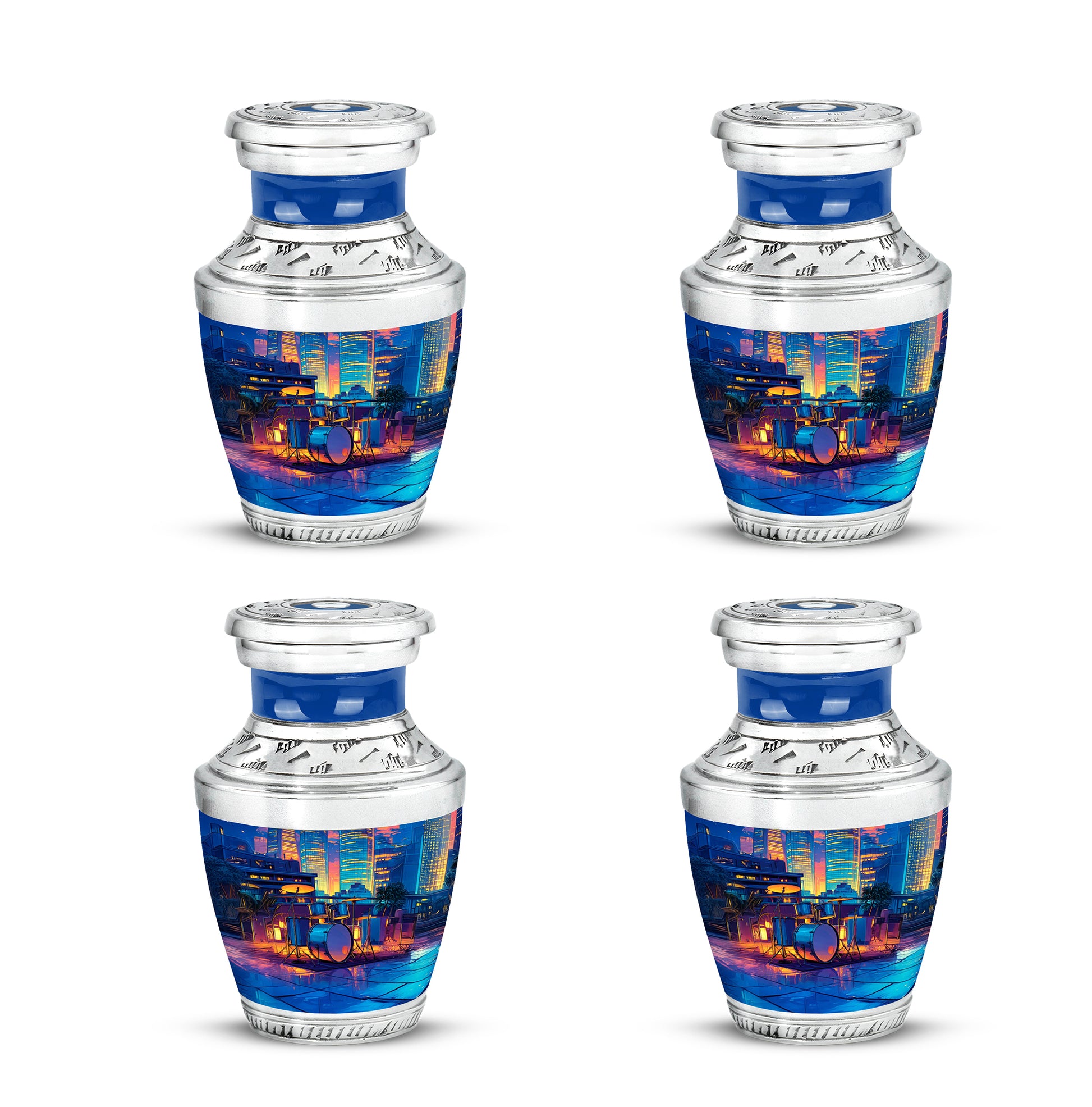 Sky Blue Drums Cremation Urn back view with polished surface - contemporary drums design with modern artistic flair - 10 inch aluminum urn for cremated remains