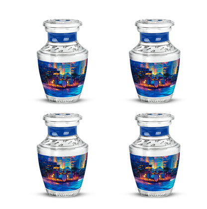 Sky Blue Drums Cremation Urn back view with polished surface - contemporary drums design with modern artistic flair - 10 inch aluminum urn for cremated remains
