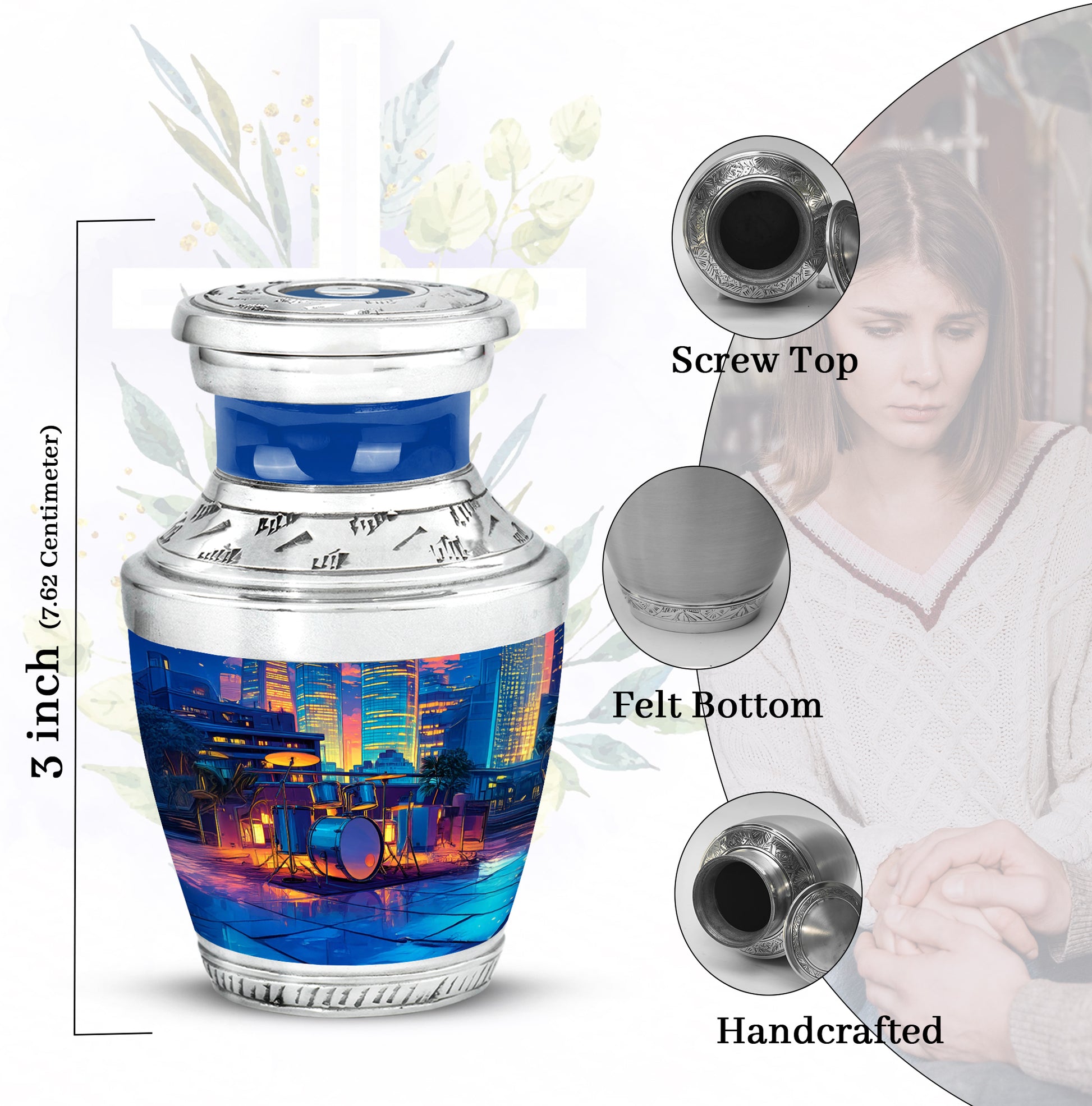 Cornflower Blue Drums Cremation Urn top-down view of secure threaded lid - artistic drums interpretation with creative detail - mini keepsake memorial for portion of cremation ashes