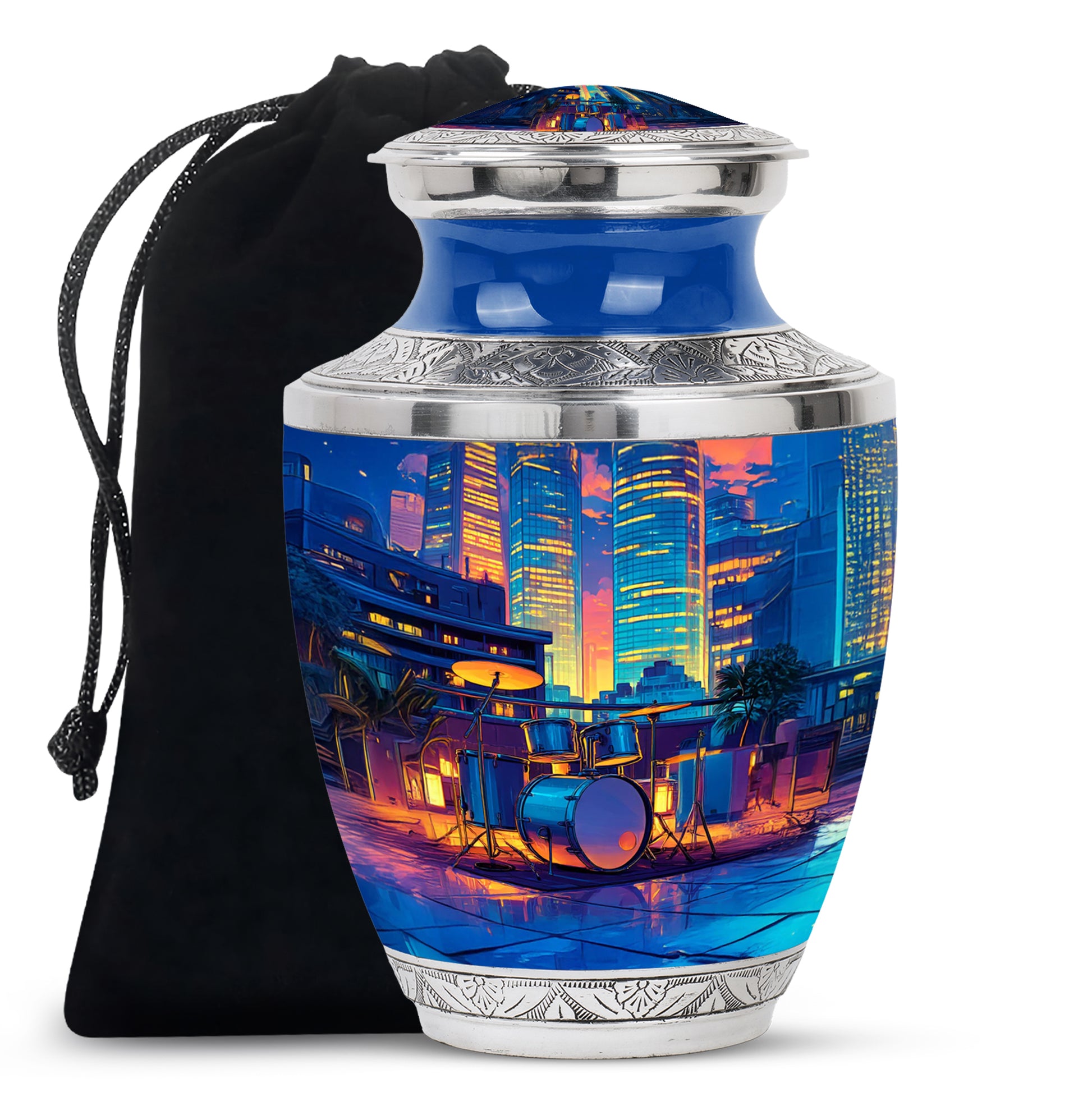 Steel Blue Drums Cremation Urn side profile showing urn shape - stylized abstract drums pattern with bold lines - full-size 10 inch 200 cubic inch adult cremation urn