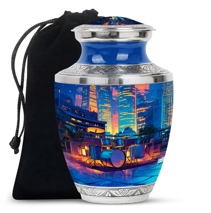 Steel Blue Drums Cremation Urn side profile showing urn shape - stylized abstract drums pattern with bold lines - full-size 10 inch 200 cubic inch adult cremation urn