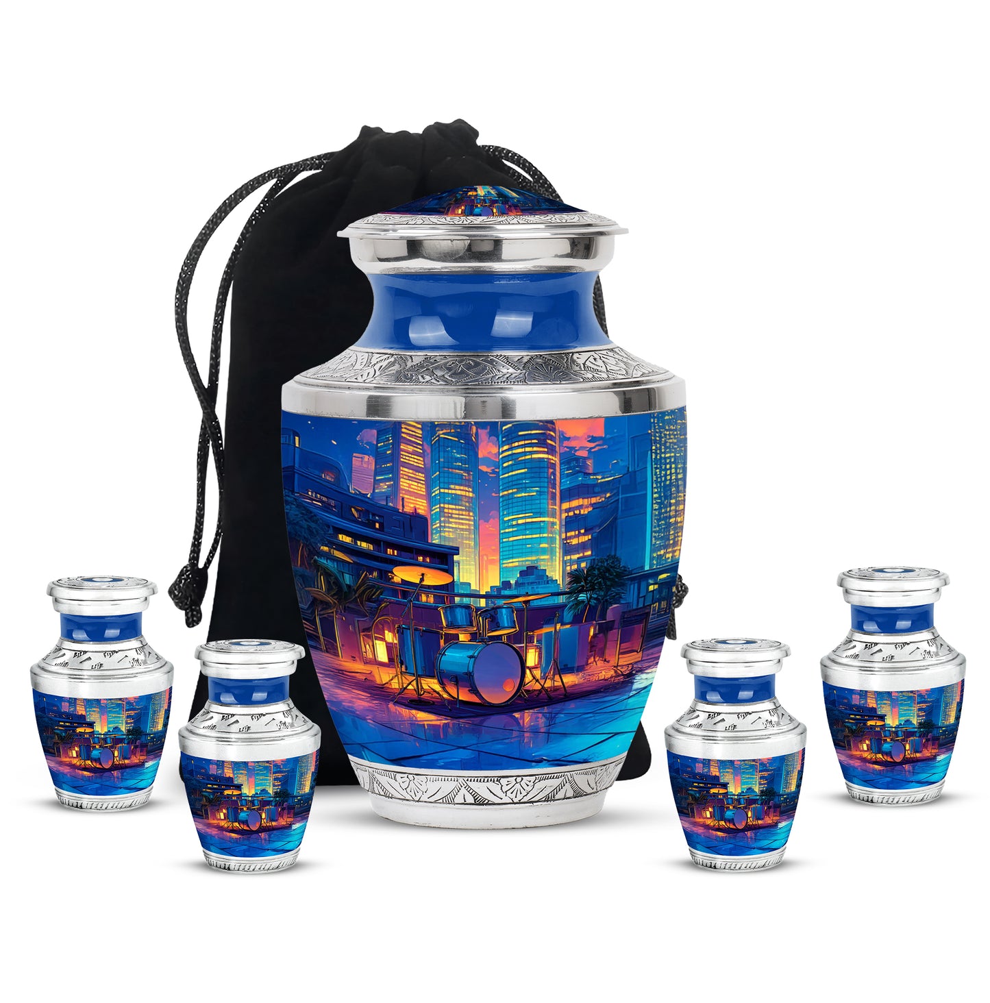 Sapphire Blue Drums Cremation Urn lifestyle display on memorial shelf - artistic drums interpretation with creative detail - memorial set with one large and four small urns
