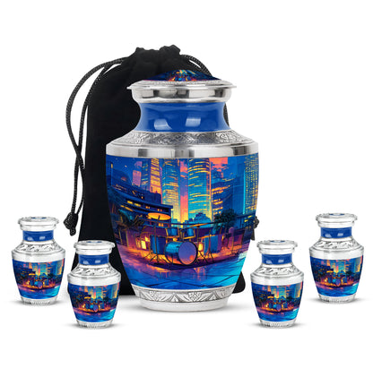 Sapphire Blue Drums Cremation Urn lifestyle display on memorial shelf - artistic drums interpretation with creative detail - memorial set with one large and four small urns