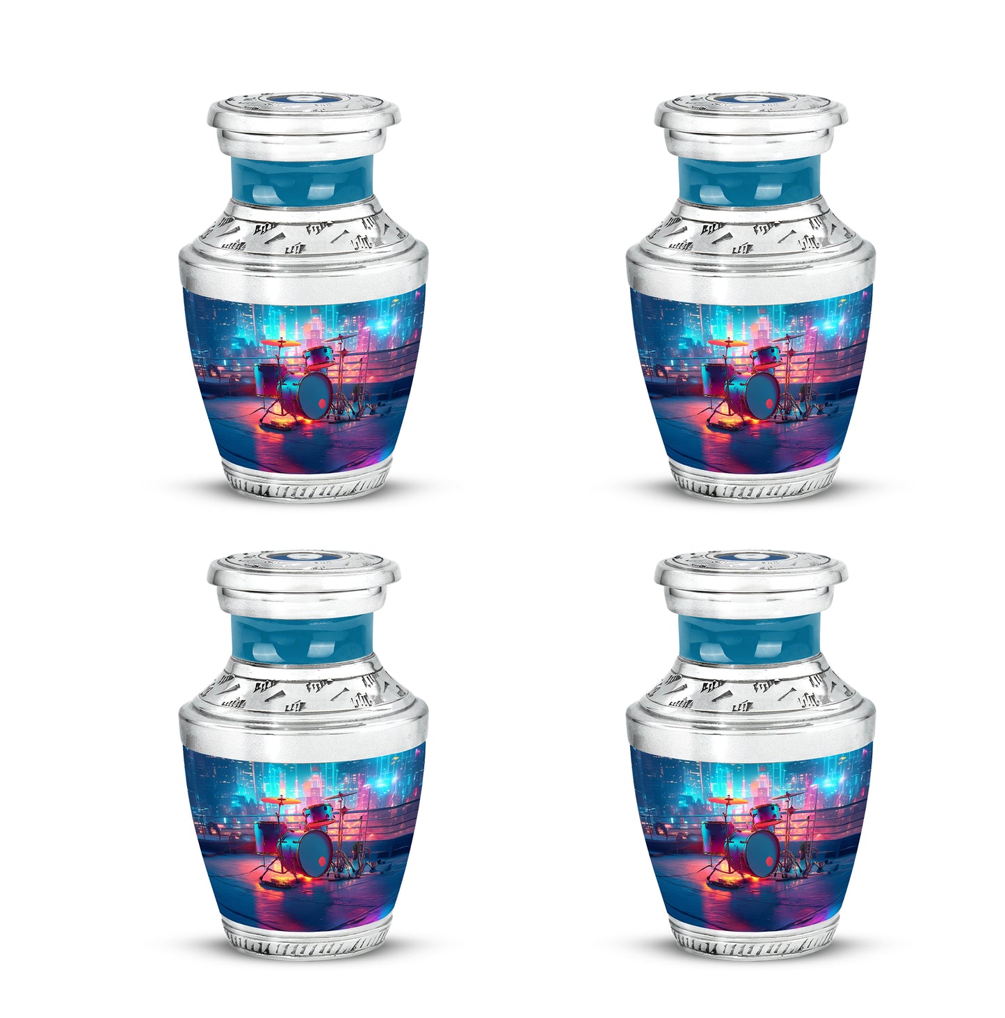Vivid Blue Drums Cremation Urn back view with polished surface - stylized abstract drums pattern with bold lines - 10 inch aluminum urn for cremated remains