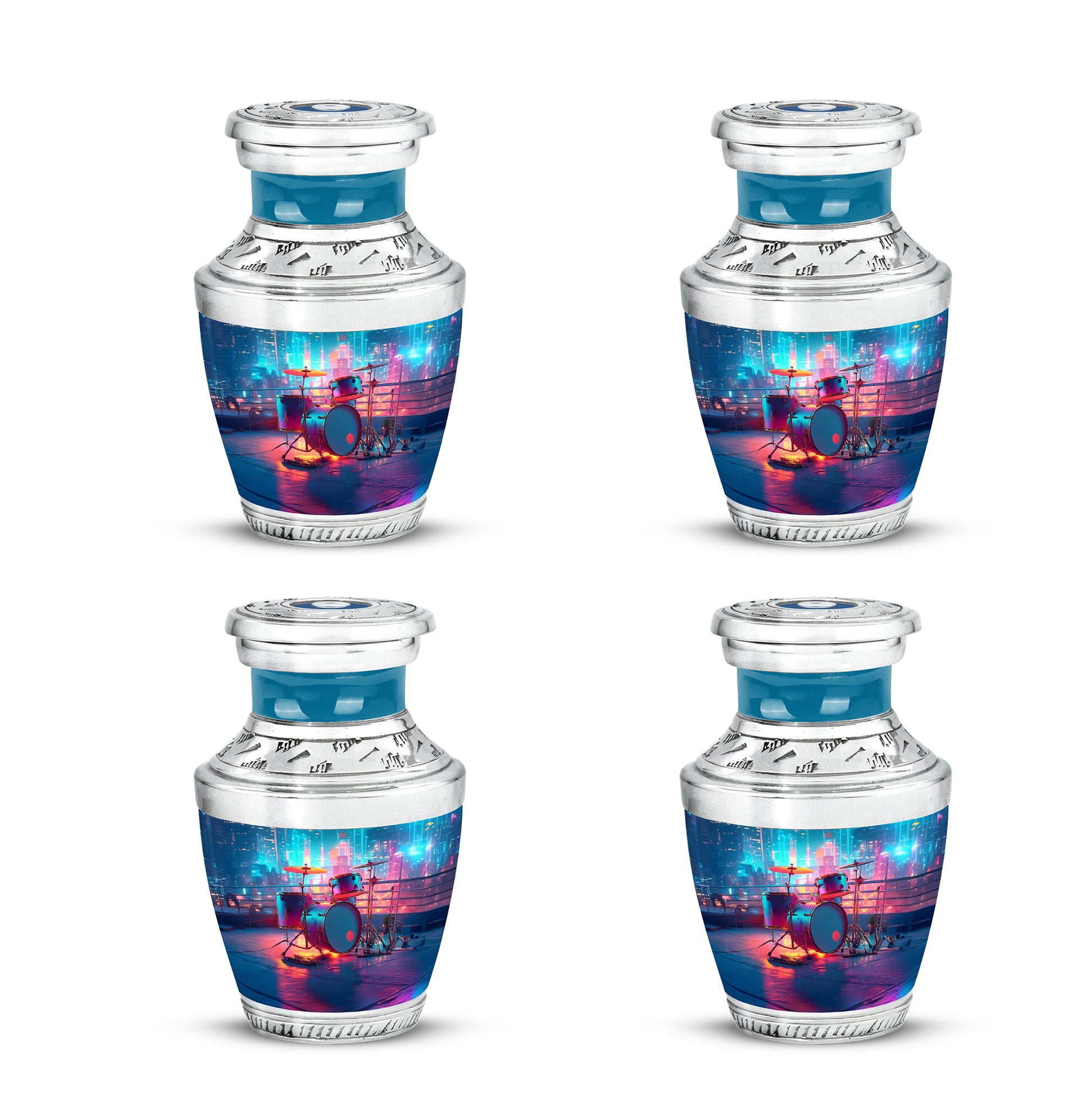 Vivid Blue Drums Cremation Urn back view with polished surface - stylized abstract drums pattern with bold lines - 10 inch aluminum urn for cremated remains