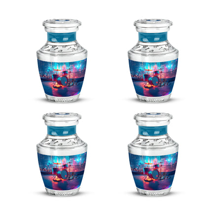 Vivid Blue Drums Cremation Urn back view with polished surface - stylized abstract drums pattern with bold lines - 10 inch aluminum urn for cremated remains