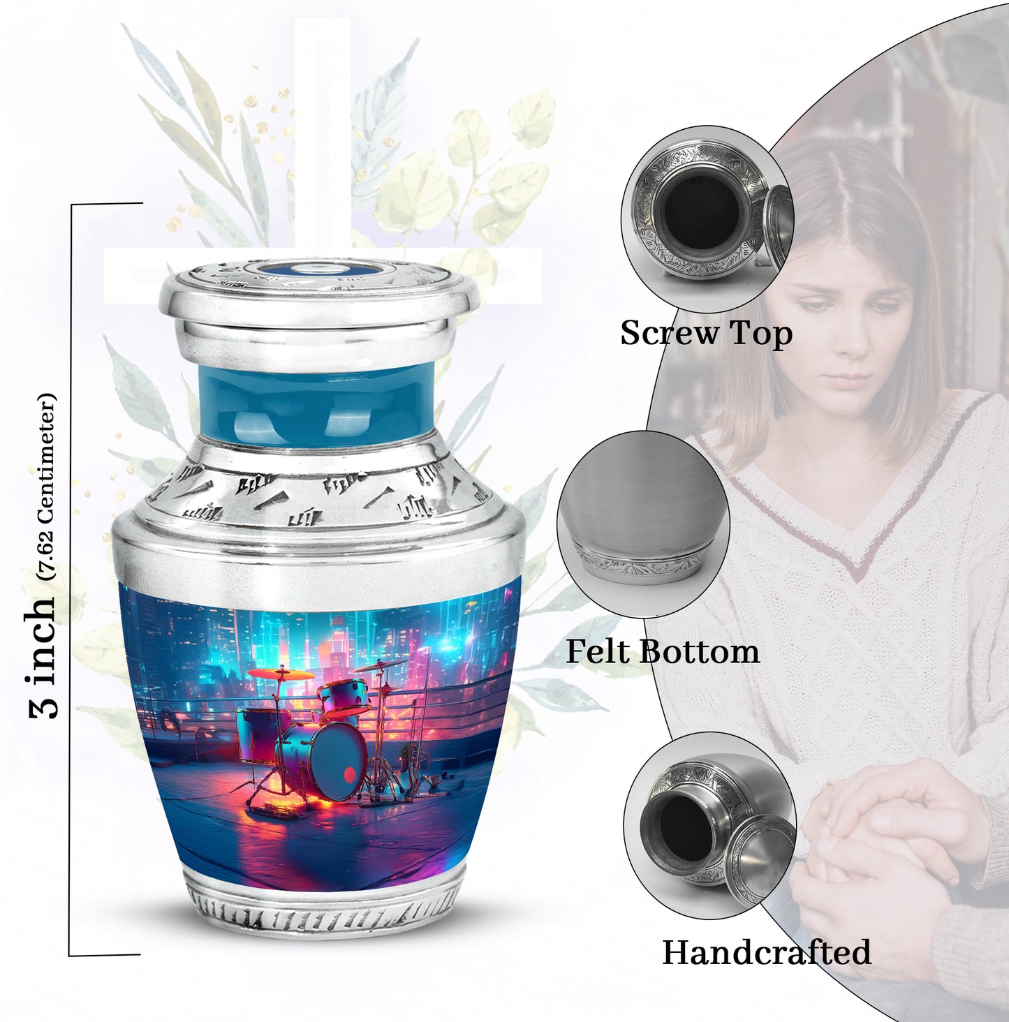 Serene Blue Drums Cremation Urn top-down view of secure threaded lid - stylized abstract drums pattern with bold lines - mini keepsake memorial for portion of cremation ashes