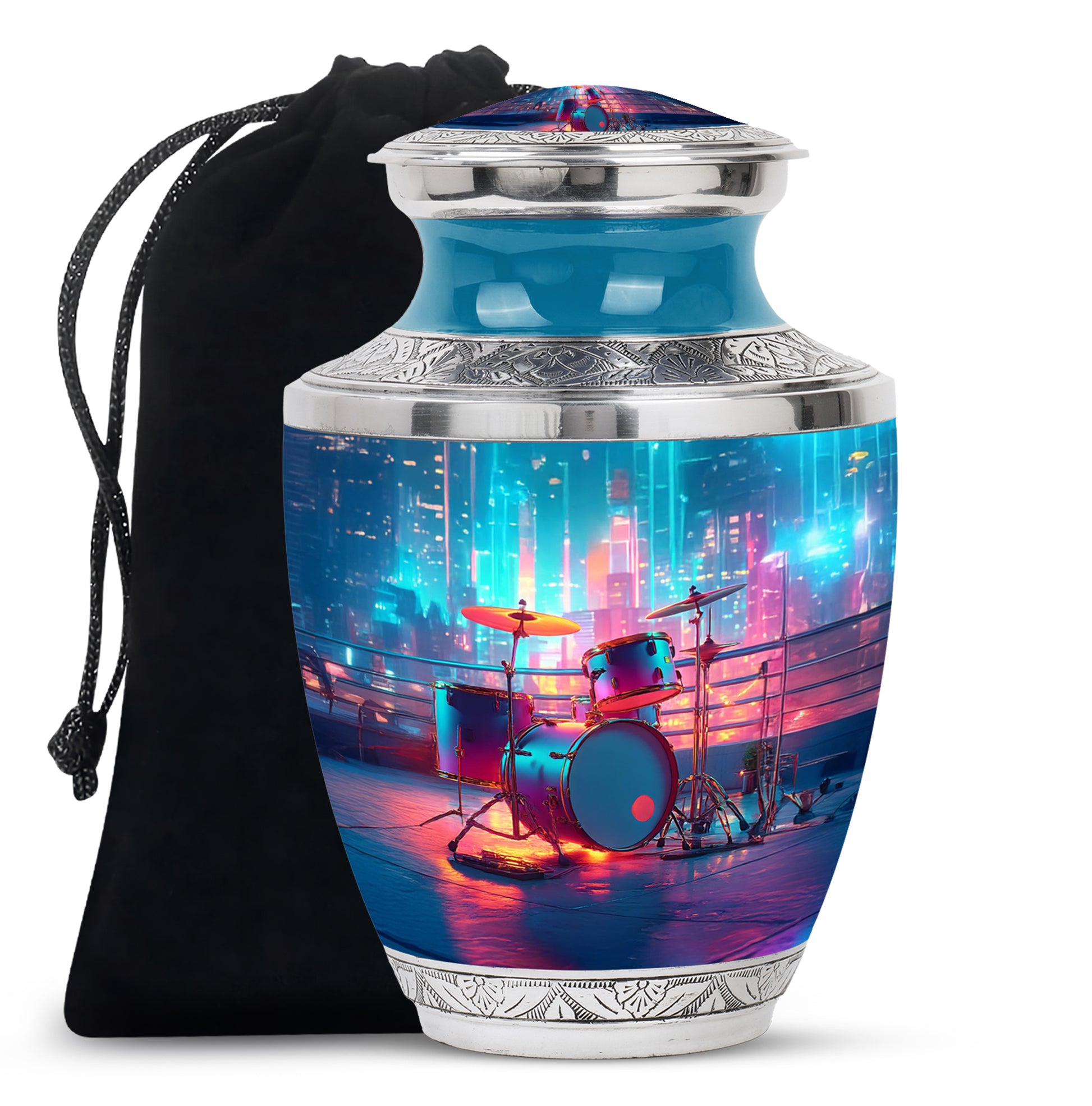 Serene Blue Drums Cremation Urn side profile showing urn shape - artistic drums interpretation with creative detail - full-size 10 inch 200 cubic inch adult cremation urn