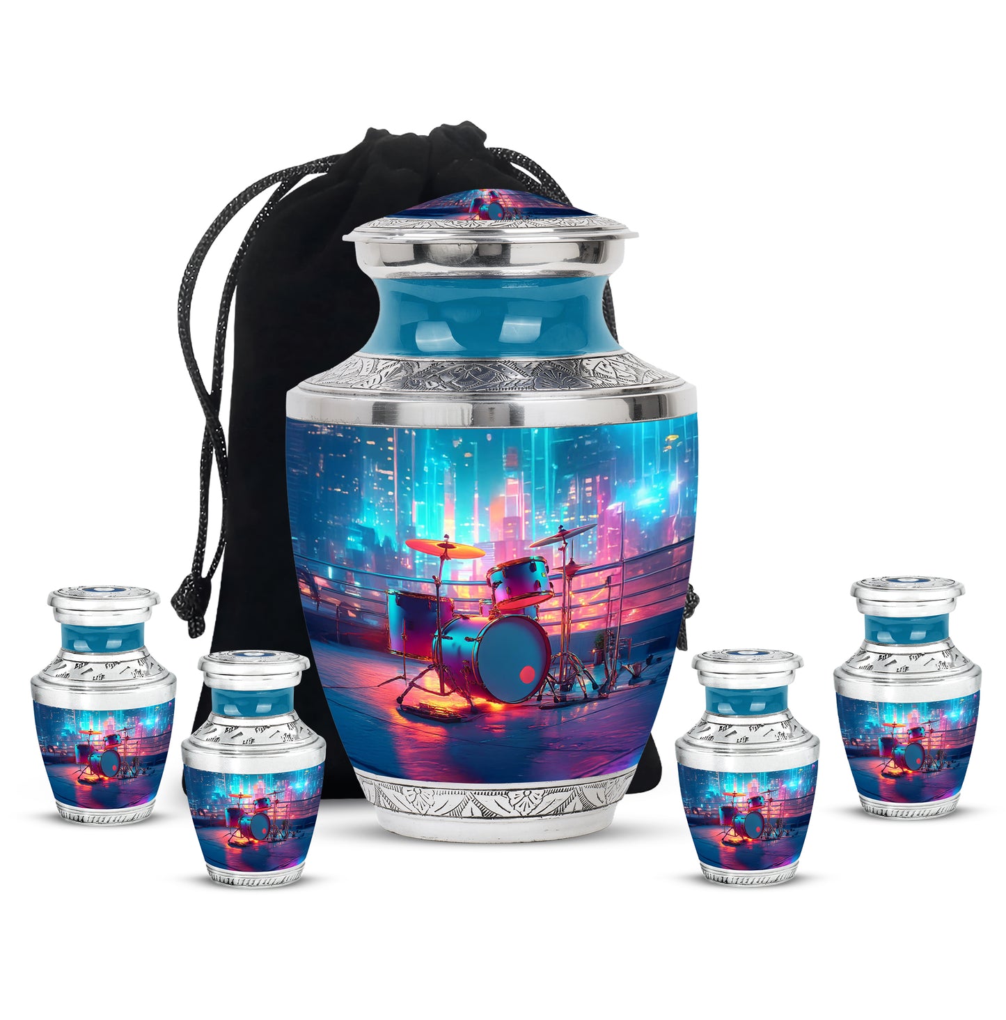 Icy Blue Drums Cremation Urn lifestyle display on memorial shelf - contemporary drums design with modern artistic flair - memorial set with one large and four small urns