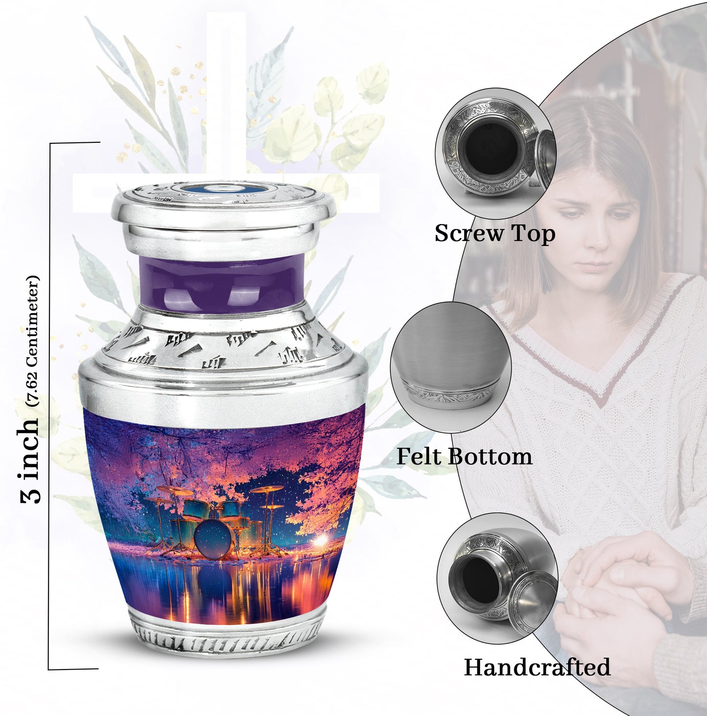 Pastel Blue Drums Cremation Urn top-down view of secure threaded lid - modern art-inspired drums motif on sleek aluminum - mini keepsake memorial for portion of cremation ashes