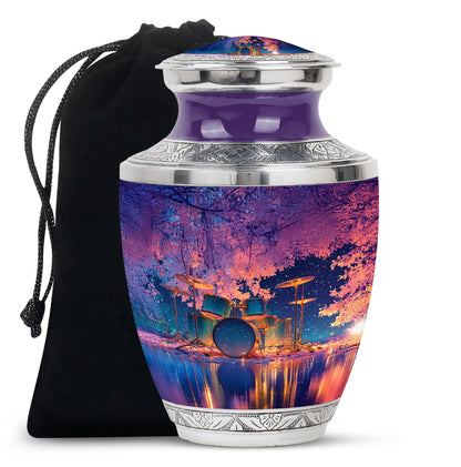Slate Blue Drums Cremation Urn side profile showing urn shape - modern art-inspired drums motif on sleek aluminum - full-size 10 inch 200 cubic inch adult cremation urn