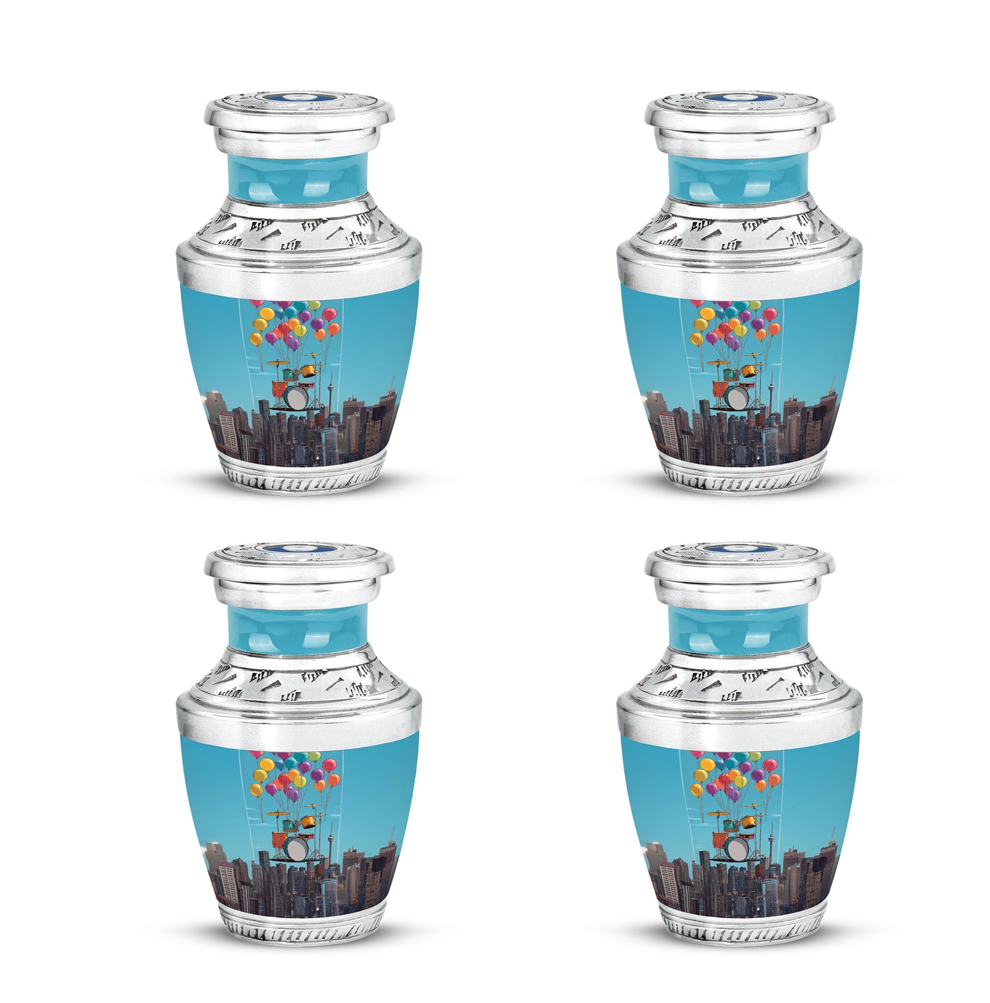 Navy Blue Drums Cremation Urn back view with polished surface - contemporary drums design with modern artistic flair - 10 inch aluminum urn for cremated remains