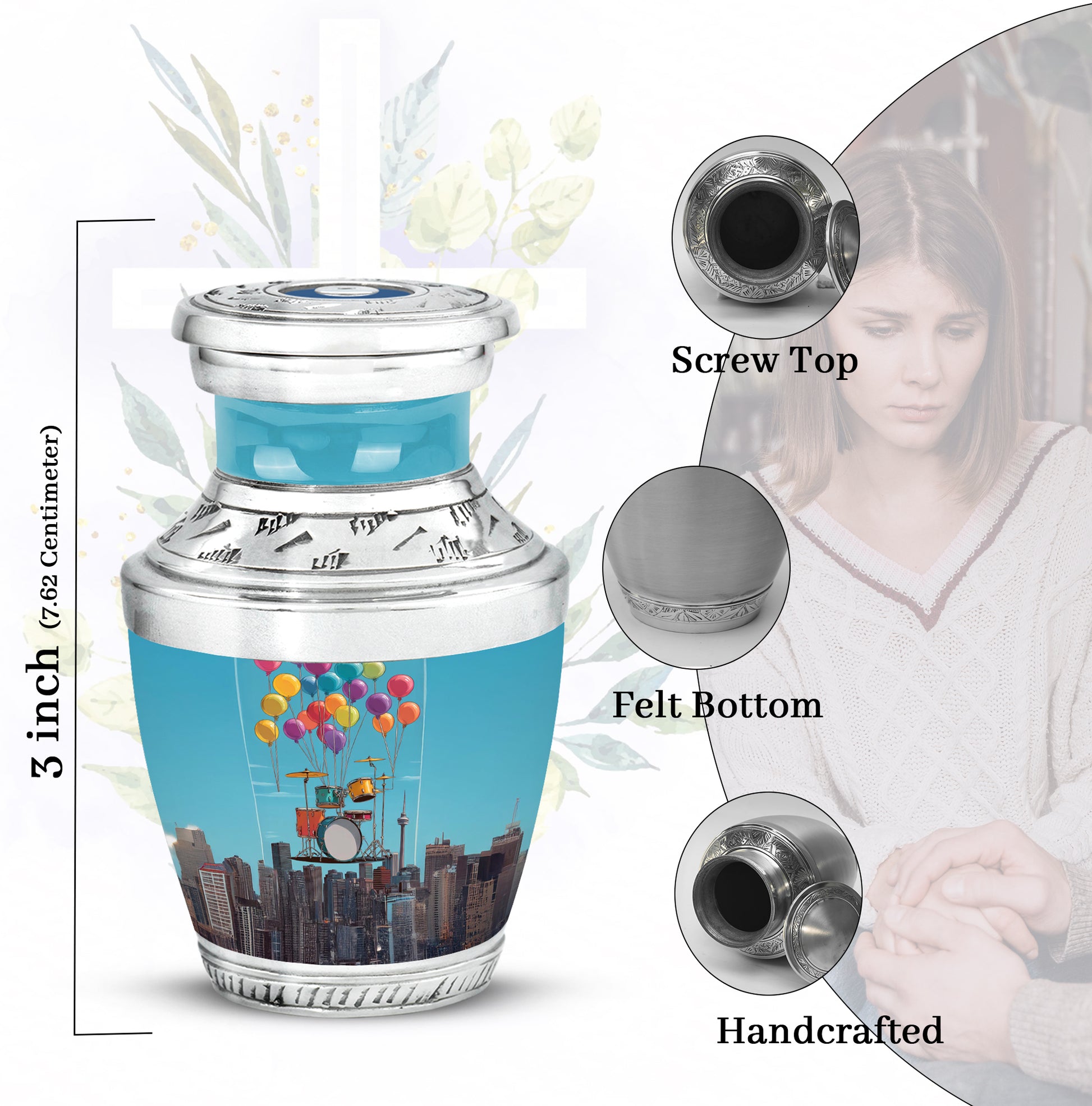 Bright Blue Drums Cremation Urn top-down view of secure threaded lid - stylized abstract drums pattern with bold lines - mini keepsake memorial for portion of cremation ashes