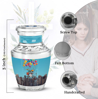 Bright Blue Drums Cremation Urn top-down view of secure threaded lid - stylized abstract drums pattern with bold lines - mini keepsake memorial for portion of cremation ashes