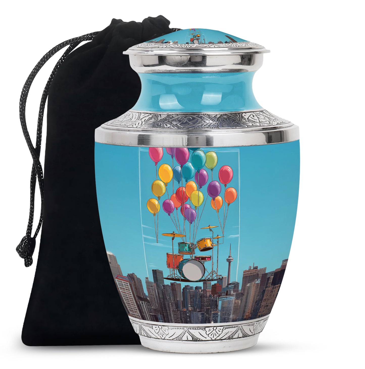 Soft Blue Drums Cremation Urn side profile showing urn shape - artistic drums interpretation with creative detail - full-size 10 inch 200 cubic inch adult cremation urn