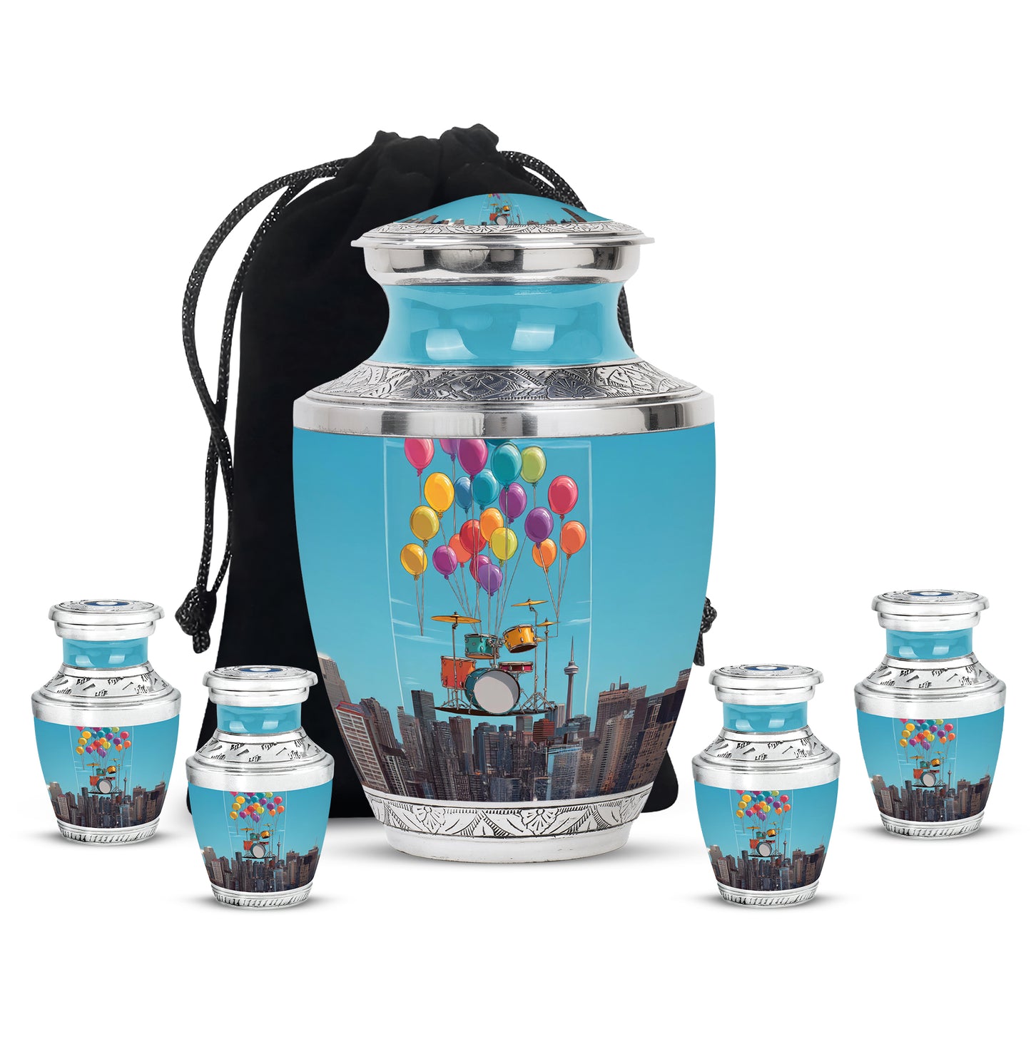 Navy Blue Drums Cremation Urn lifestyle display on memorial shelf - contemporary drums design with modern artistic flair - memorial set with one large and four small urns