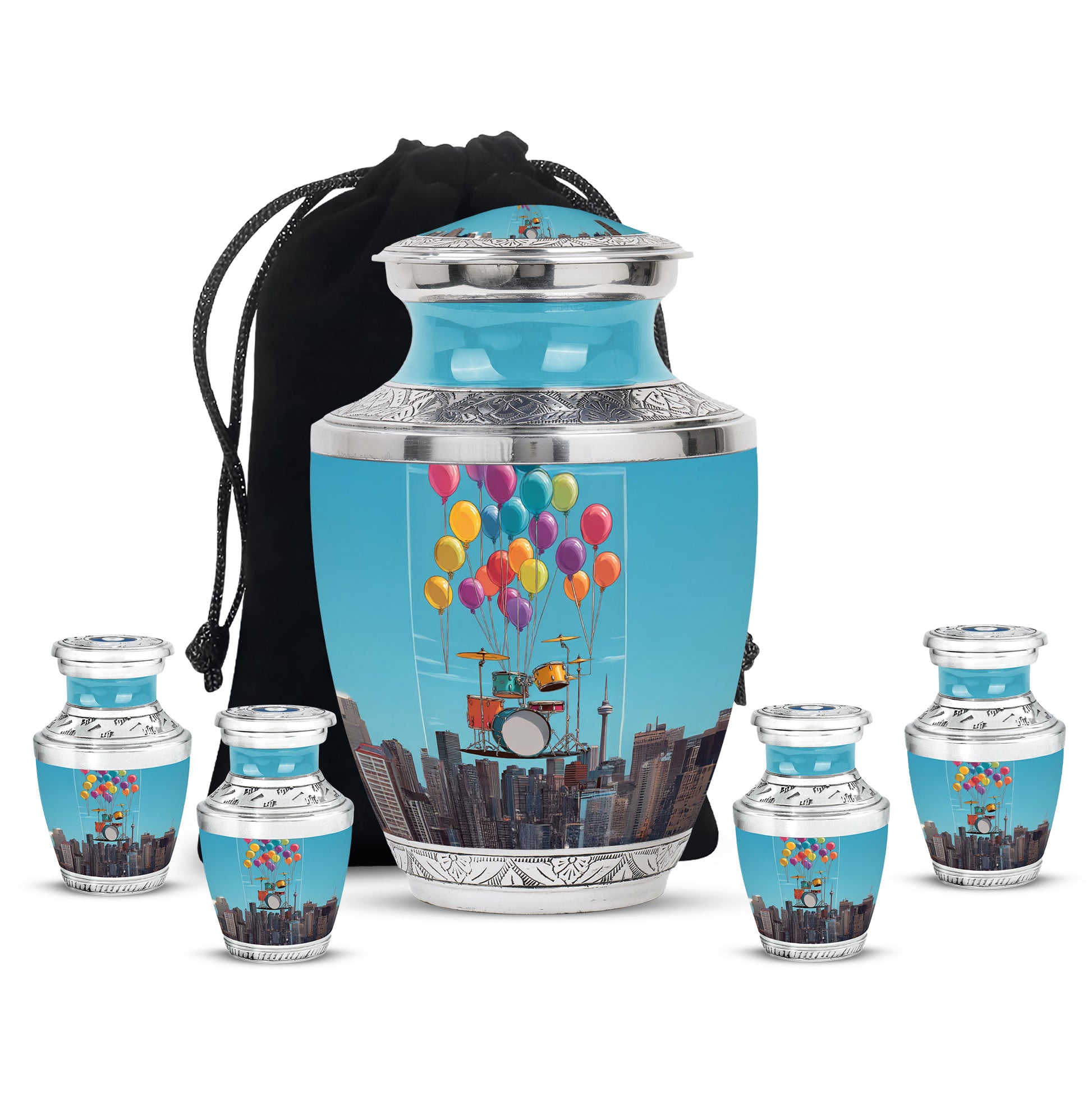 Navy Blue Drums Cremation Urn lifestyle display on memorial shelf - contemporary drums design with modern artistic flair - memorial set with one large and four small urns