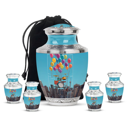 Navy Blue Drums Cremation Urn lifestyle display on memorial shelf - contemporary drums design with modern artistic flair - memorial set with one large and four small urns