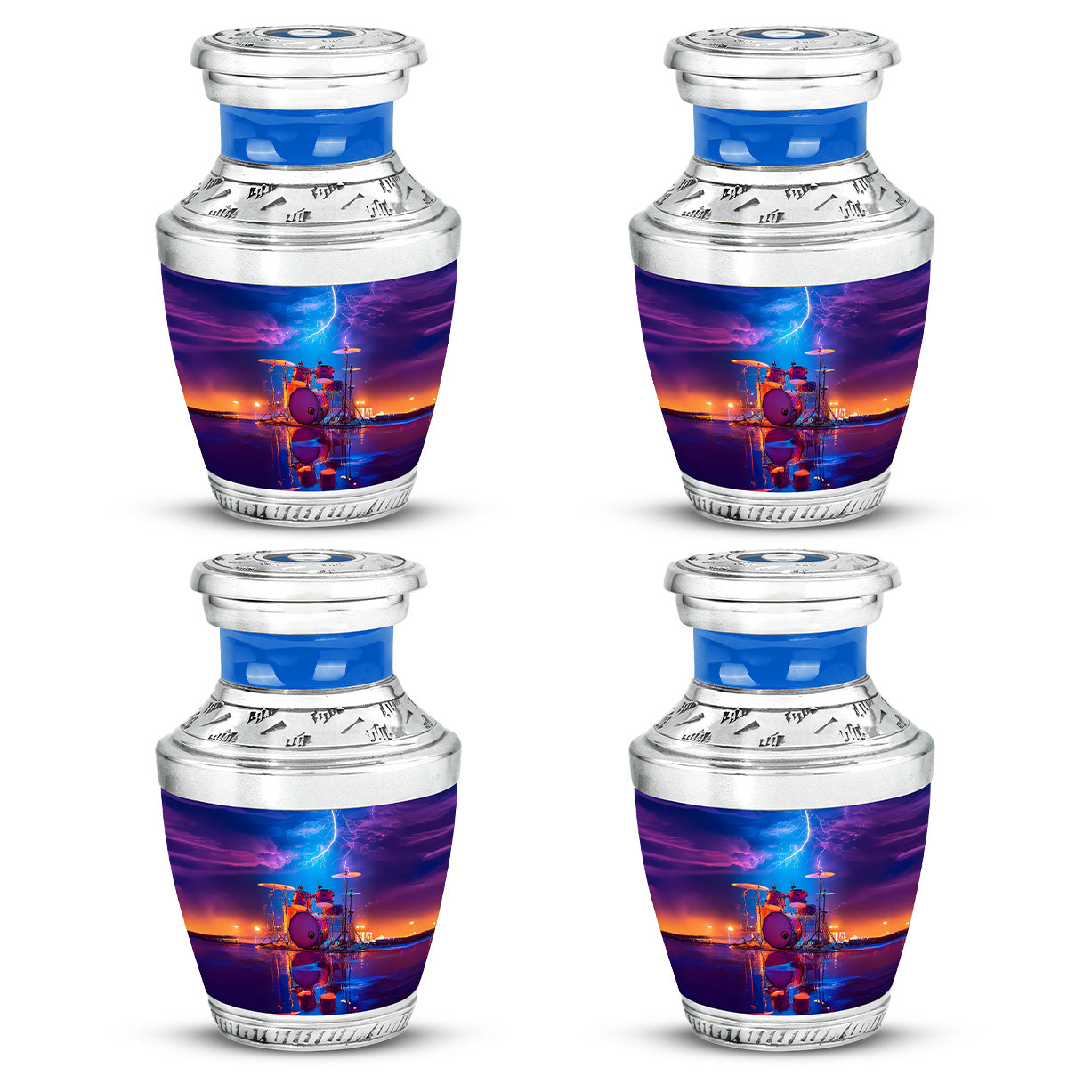 Slate Blue Drums Cremation Urn back view with polished surface - modern art-inspired drums motif on sleek aluminum - 10 inch aluminum urn for cremated remains