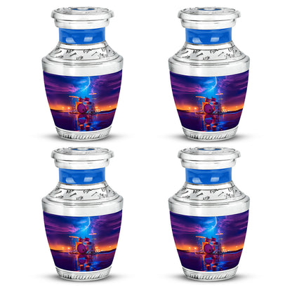 Slate Blue Drums Cremation Urn back view with polished surface - modern art-inspired drums motif on sleek aluminum - 10 inch aluminum urn for cremated remains
