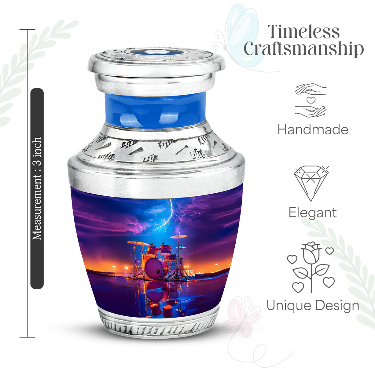 Cobalt Blue Drums Cremation Urn top-down view of secure threaded lid - stylized abstract drums pattern with bold lines - mini keepsake memorial for portion of cremation ashes