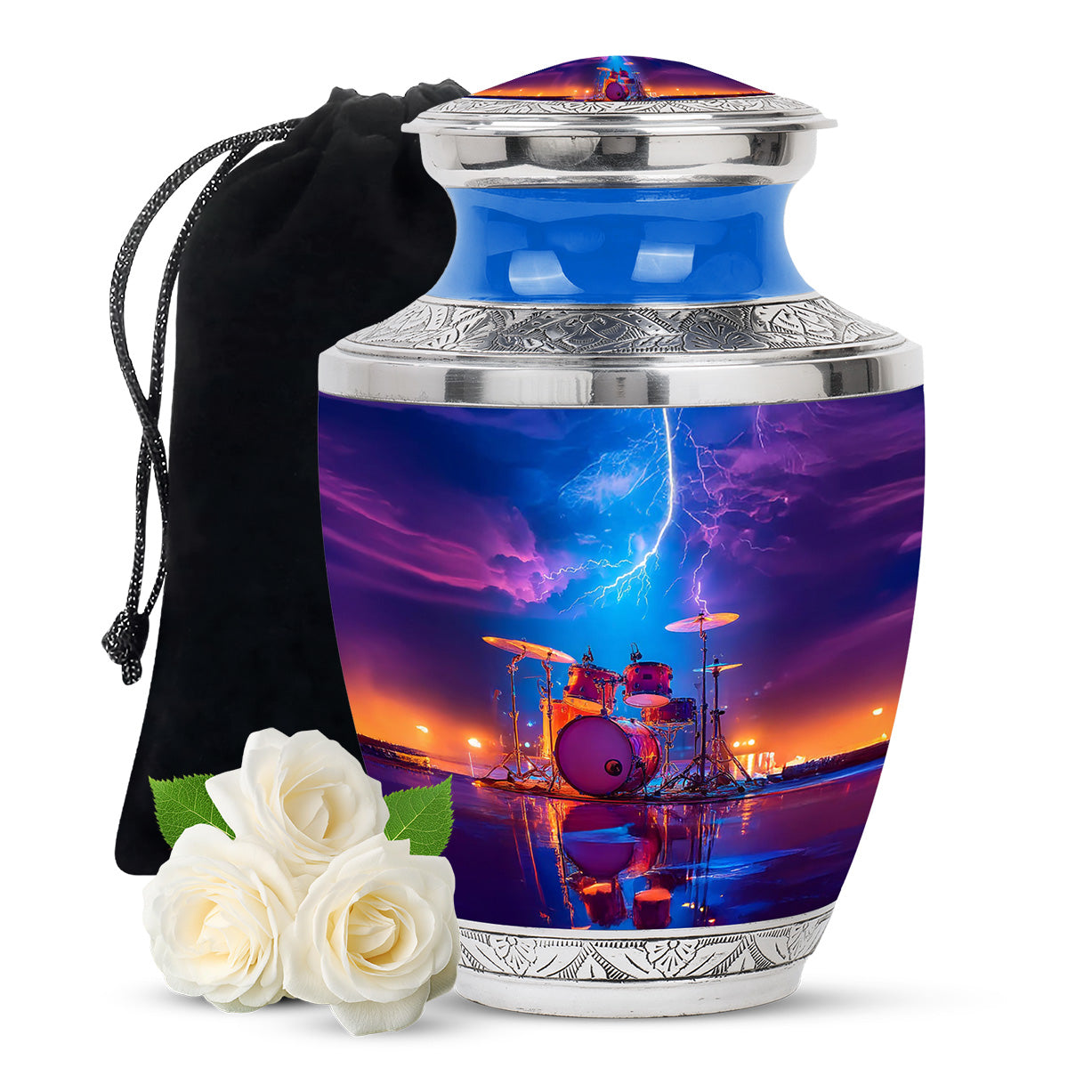 Indigo Drums Cremation Urn side profile showing urn shape - modern art-inspired drums motif on sleek aluminum - full-size 10 inch 200 cubic inch adult cremation urn