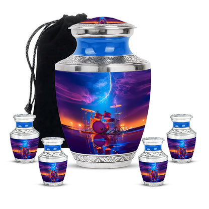 Calming Blue Drums Cremation Urn lifestyle display on memorial shelf - stylized abstract drums pattern with bold lines - memorial set with one large and four small urns
