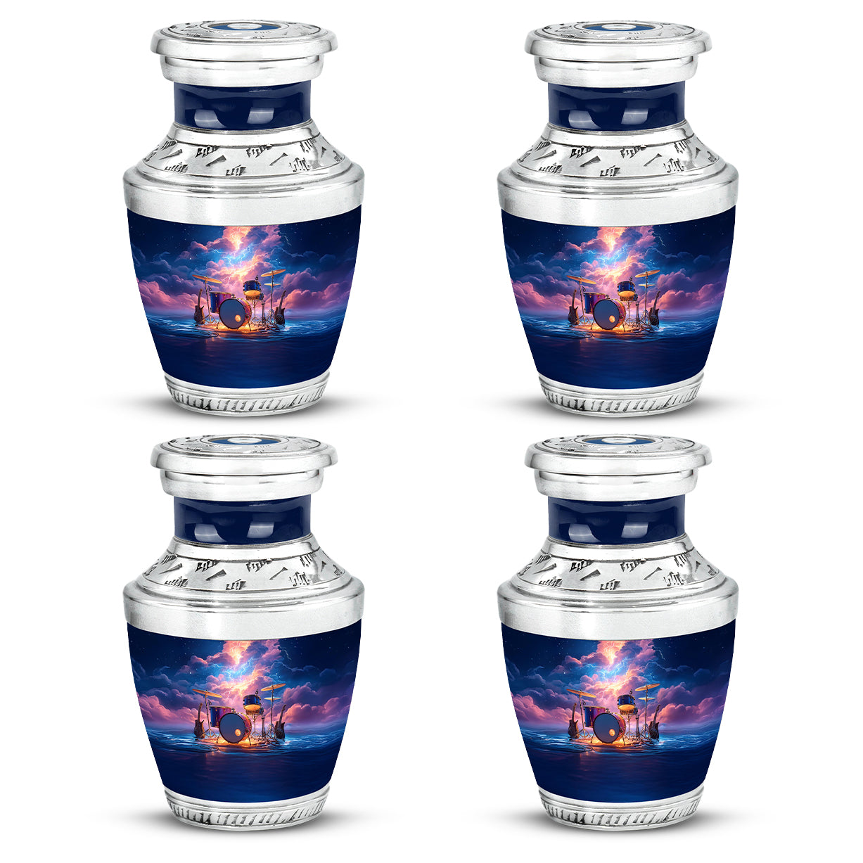 Steel Blue Drums Cremation Urn back view with polished surface - artistic drums interpretation with creative detail - 10 inch aluminum urn for cremated remains