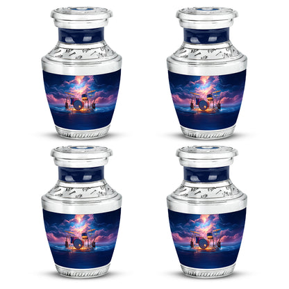Steel Blue Drums Cremation Urn back view with polished surface - artistic drums interpretation with creative detail - 10 inch aluminum urn for cremated remains