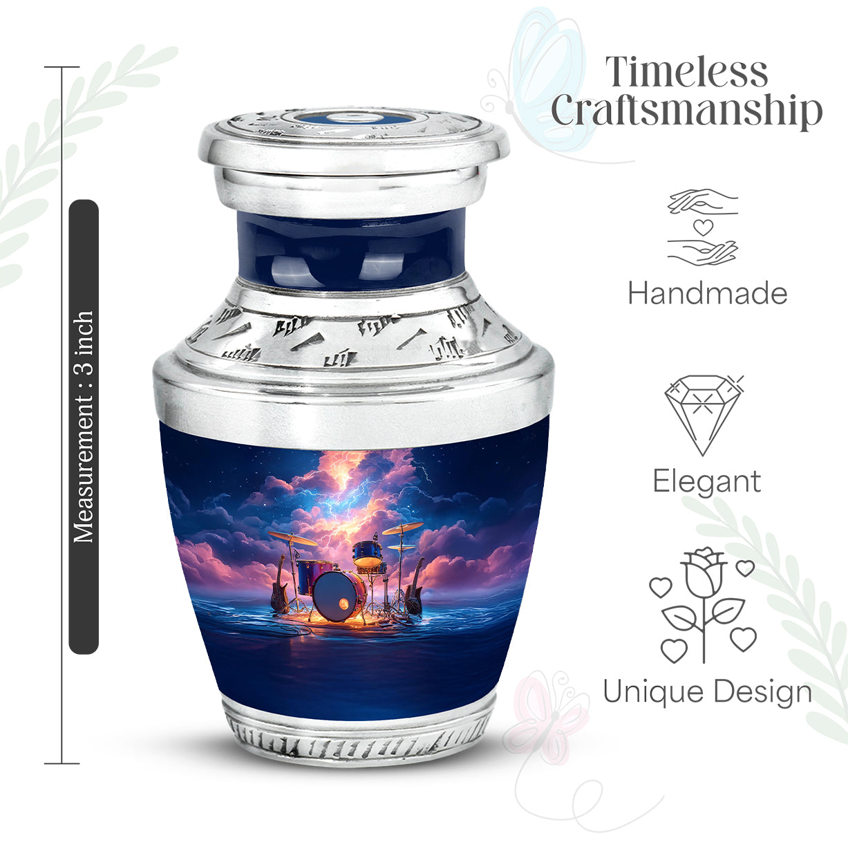 Vivid Blue Drums Cremation Urn top-down view of secure threaded lid - artistic drums interpretation with creative detail - mini keepsake memorial for portion of cremation ashes