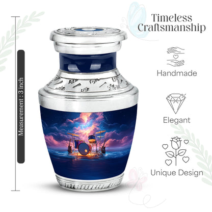 Vivid Blue Drums Cremation Urn top-down view of secure threaded lid - artistic drums interpretation with creative detail - mini keepsake memorial for portion of cremation ashes