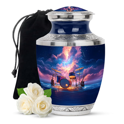 Pastel Blue Drums Cremation Urn side profile showing urn shape - contemporary drums design with modern artistic flair - full-size 10 inch 200 cubic inch adult cremation urn
