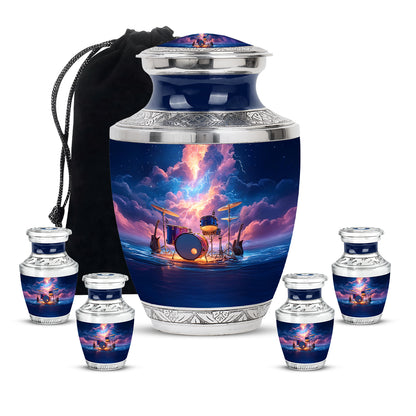 Sky Blue Drums Cremation Urn lifestyle display on memorial shelf - modern art-inspired drums motif on sleek aluminum - memorial set with one large and four small urns