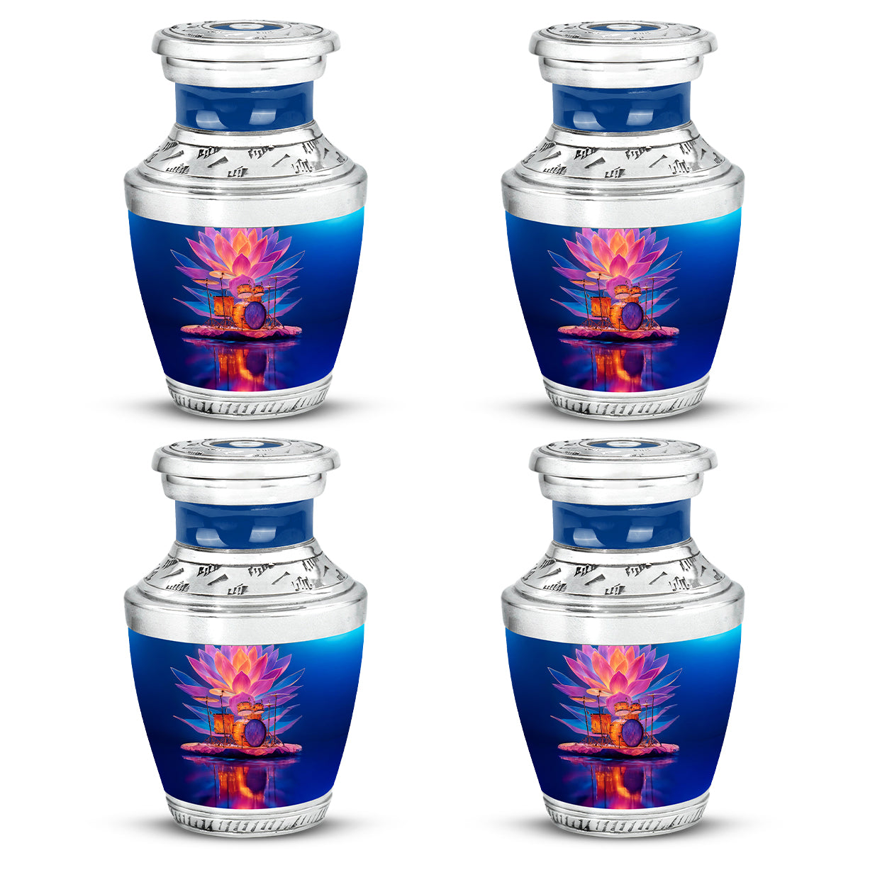 Cornflower Blue Drums Cremation Urn back view with polished surface - artistic drums interpretation with creative detail - 10 inch aluminum urn for cremated remains