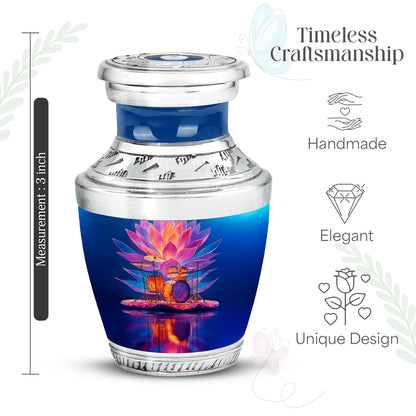 Slate Blue Drums Cremation Urn top-down view of secure threaded lid - modern art-inspired drums motif on sleek aluminum - mini keepsake memorial for portion of cremation ashes