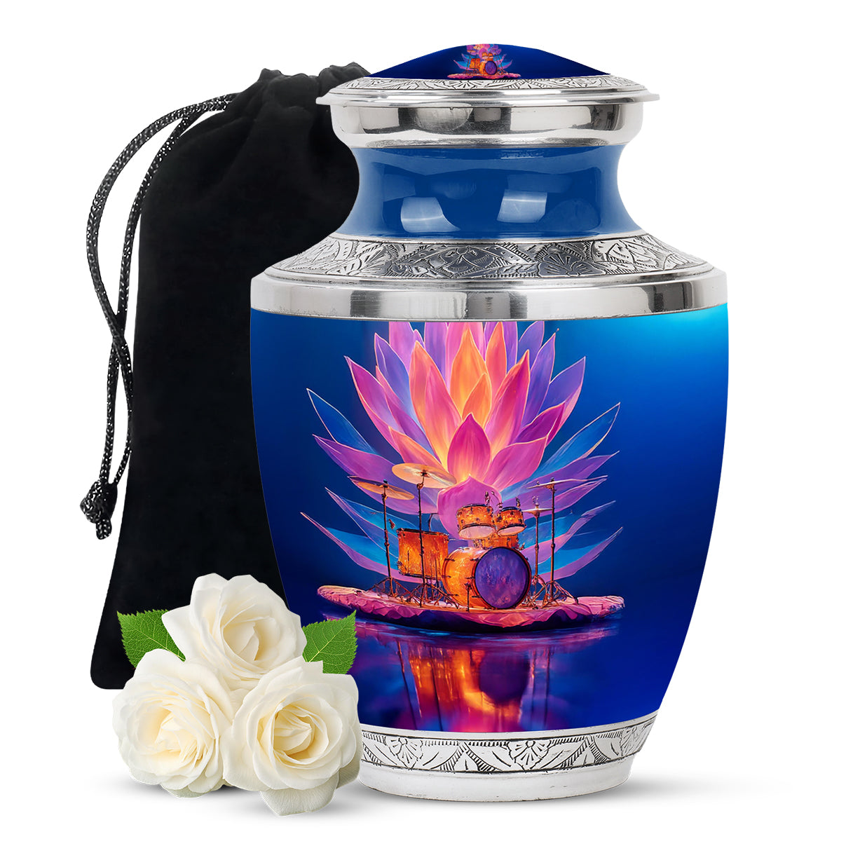 Pastel Blue Drums Cremation Urn side profile showing urn shape - modern art-inspired drums motif on sleek aluminum - full-size 10 inch 200 cubic inch adult cremation urn