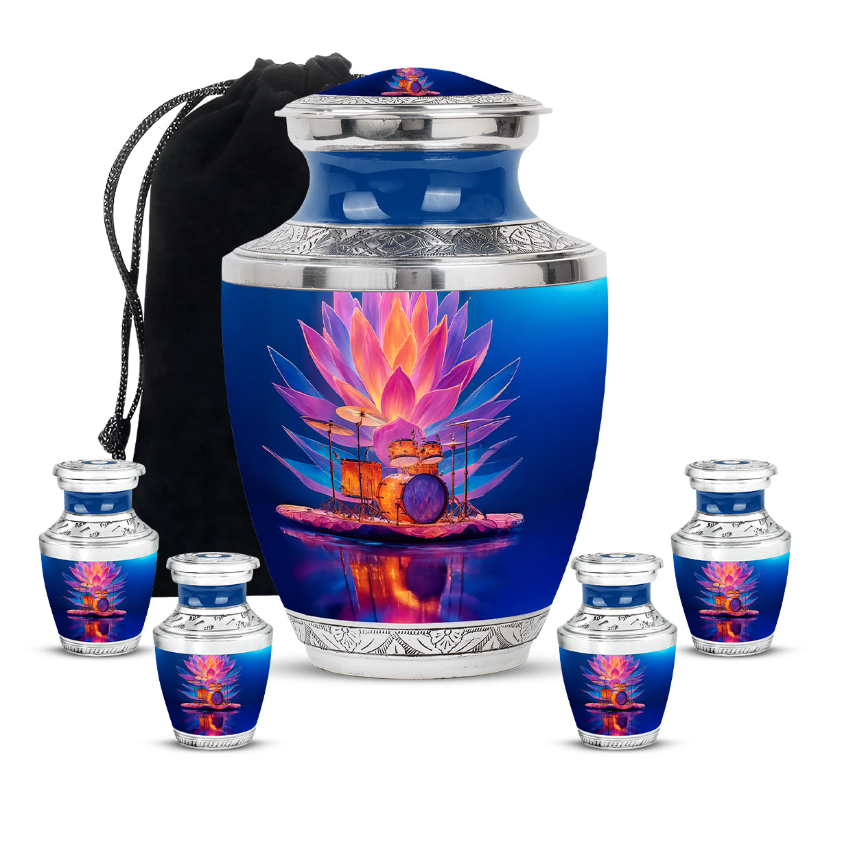 Bright Blue Drums Cremation Urn lifestyle display on memorial shelf - stylized abstract drums pattern with bold lines - memorial set with one large and four small urns