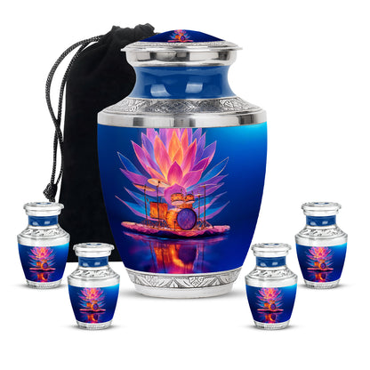 Bright Blue Drums Cremation Urn lifestyle display on memorial shelf - stylized abstract drums pattern with bold lines - memorial set with one large and four small urns