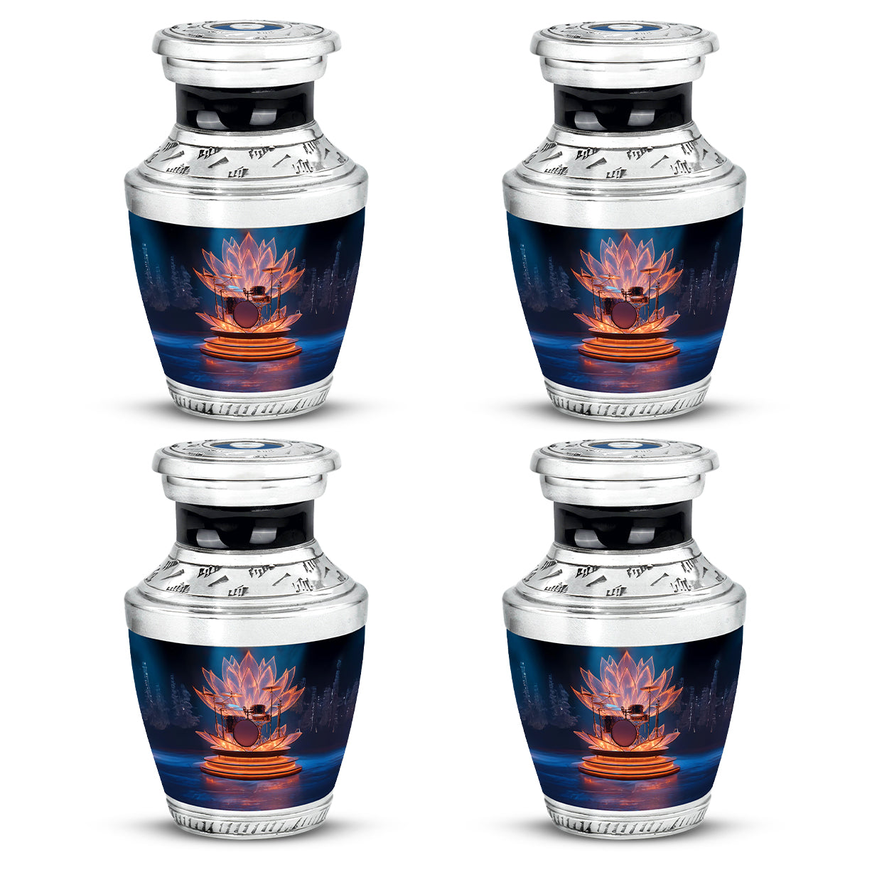 Pastel Blue Drums Cremation Urn back view with polished surface - modern art-inspired drums motif on sleek aluminum - 10 inch aluminum urn for cremated remains
