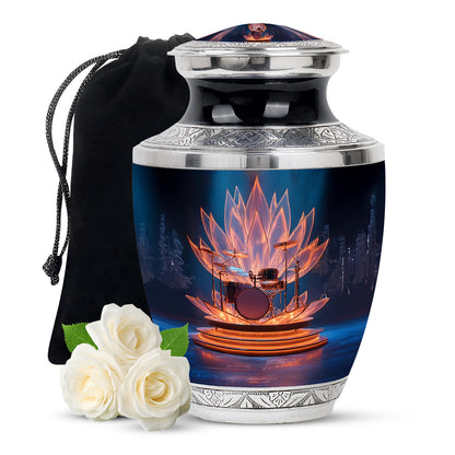 Slate Blue Drums Cremation Urn side profile showing urn shape - modern art-inspired drums motif on sleek aluminum - full-size 10 inch 200 cubic inch adult cremation urn