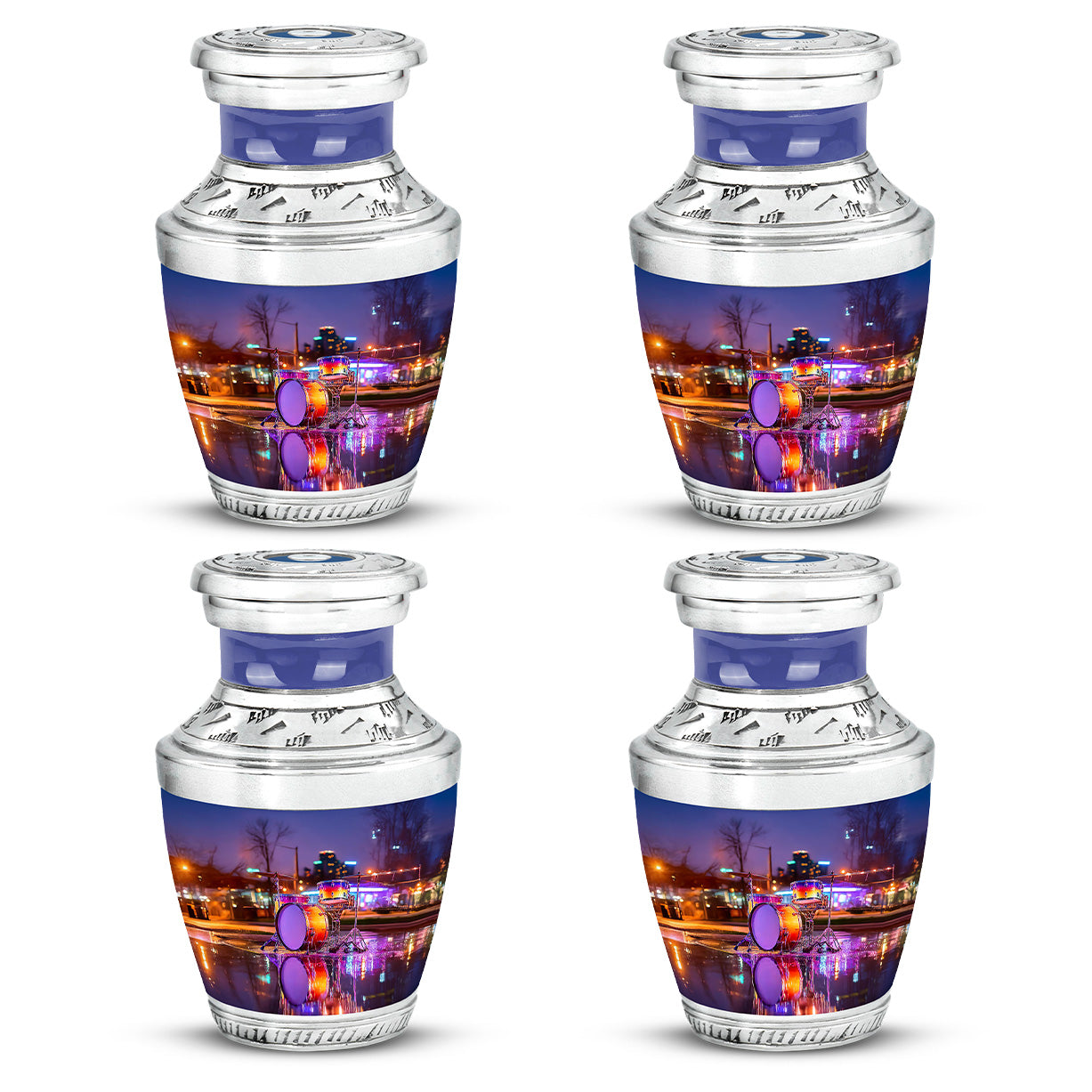 Icy Blue Drums Cremation Urn back view with polished surface - modern art-inspired drums motif on sleek aluminum - 10 inch aluminum urn for cremated remains