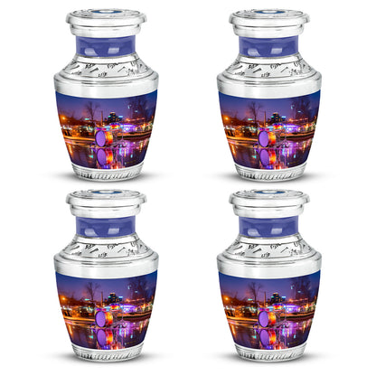 Icy Blue Drums Cremation Urn back view with polished surface - modern art-inspired drums motif on sleek aluminum - 10 inch aluminum urn for cremated remains